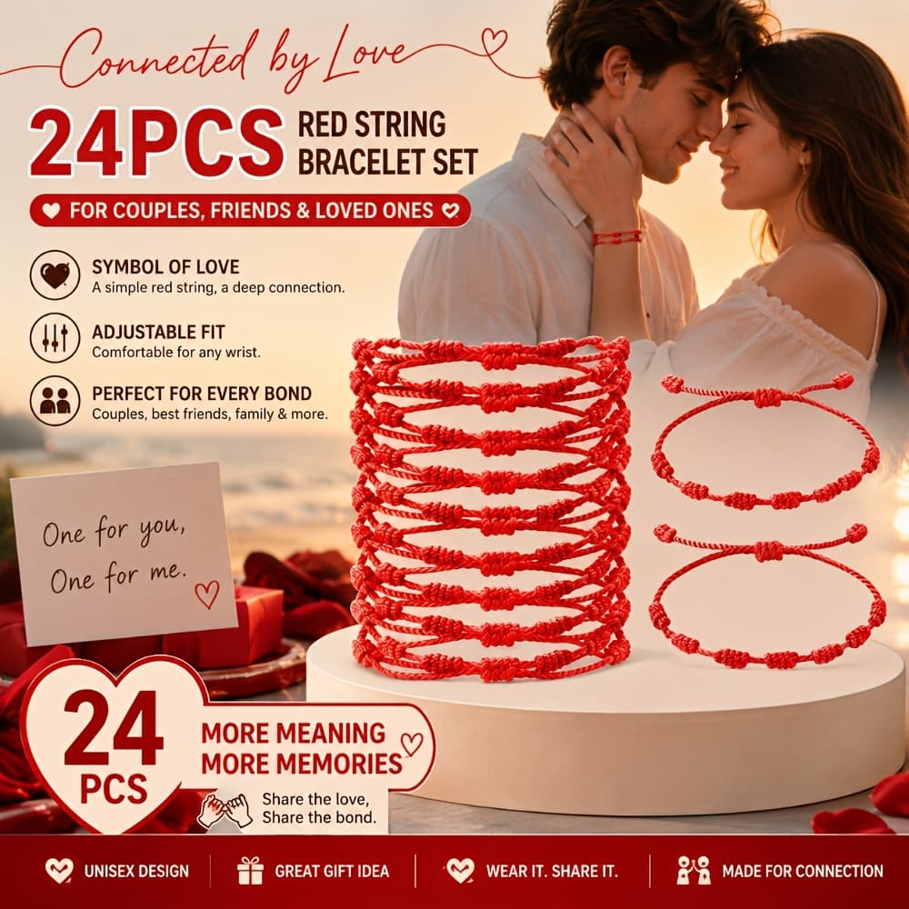 TEMU 24pcs Handmade Red Rope 7-knot Bracelets - Adjustable Wristbands For , Stackable Knot Chain For Couples, , Wear, Cultural (no Coating) 24pcs Set
