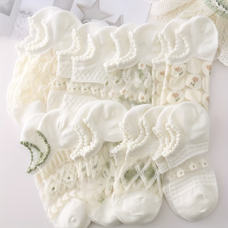 TEMU 8 Pairs/random Pair Summer Thin Crystal Socks Hollow Cool And Breathable White Invisible Mesh Ultra-thin Fashionable Versatile Women's Short Socks