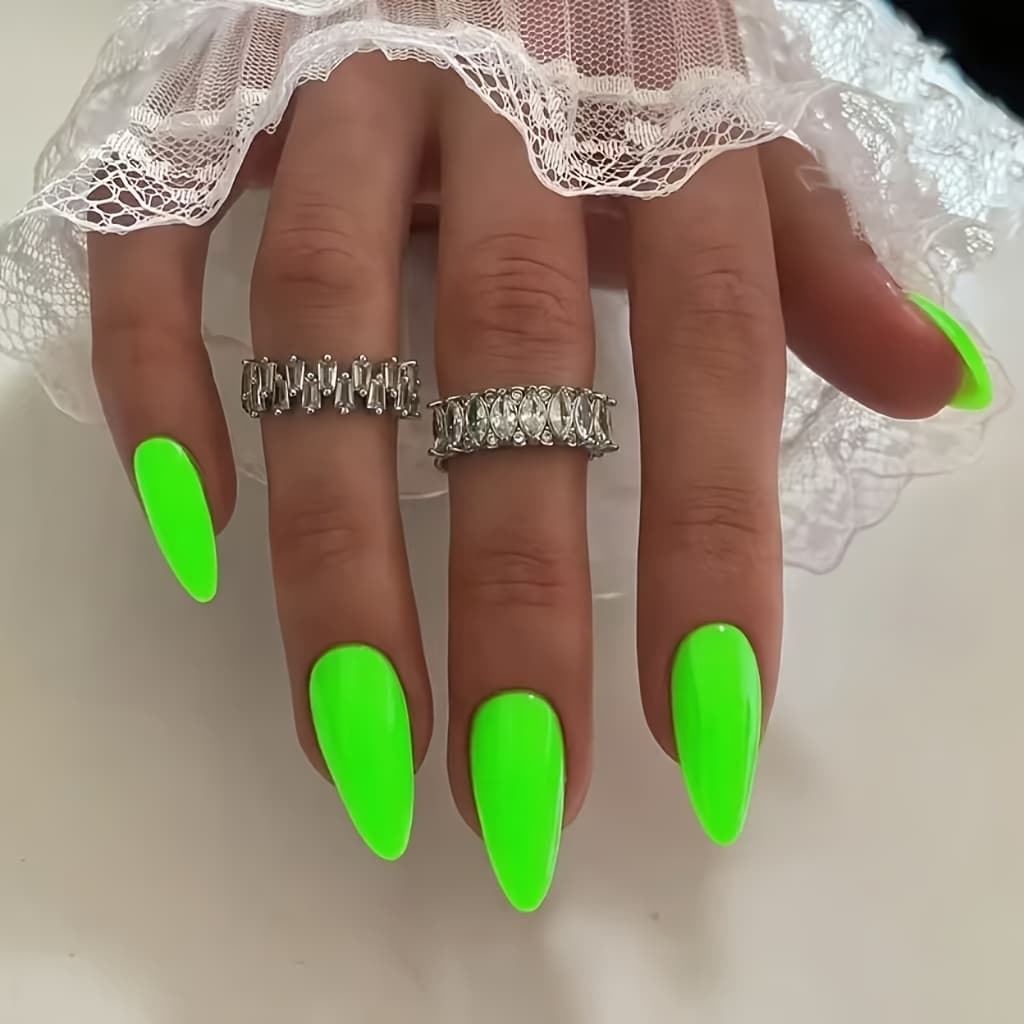 TEMU 24pcs Neon Lime -on Nails - Glossy Almond Shape Fake Nails, Party Manicure For Halloween, Prom, Everyday - Easy Application Pre-made Nail Extensions, Festive Occasions, Eyecatching Style