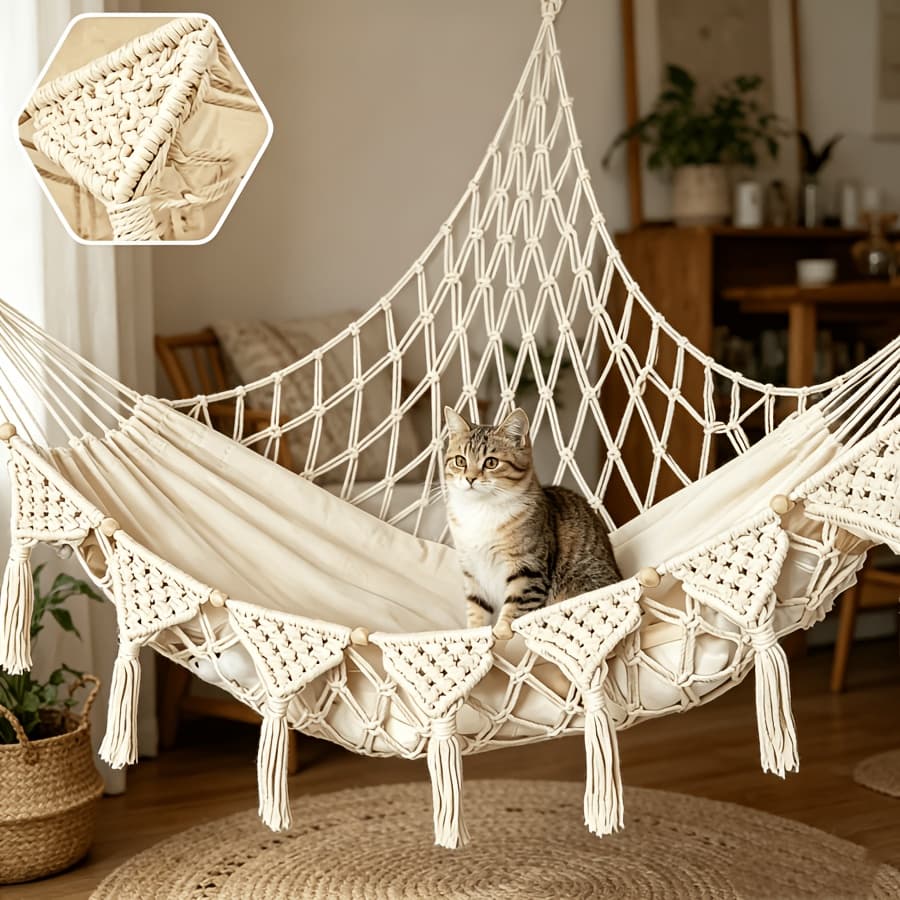 TEMU 1pc Hand-woven Vinyl Cat Hammock Suitable For Wall-mounted Pet Bed, No Cat Basket With Hanging Bed For Walls/ceiling, Lounger For Kittens & Cats, Installation For Renters