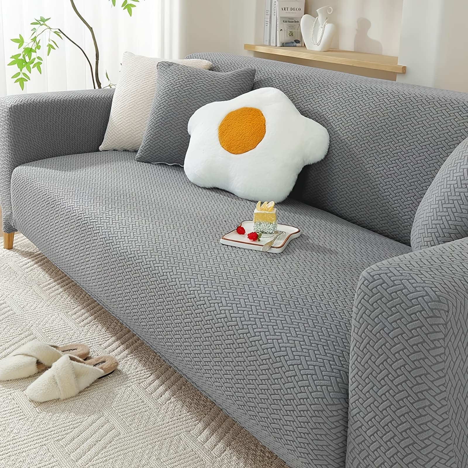 TEMU A Stretch Sofa Cover, Thickened Star Chain Knitted Jacquard Sofa Cover 1/2/3/4-seat Sofa Protection Cover, Elastic At , For Families With Pets, Full-bag Sofa Dust Cover