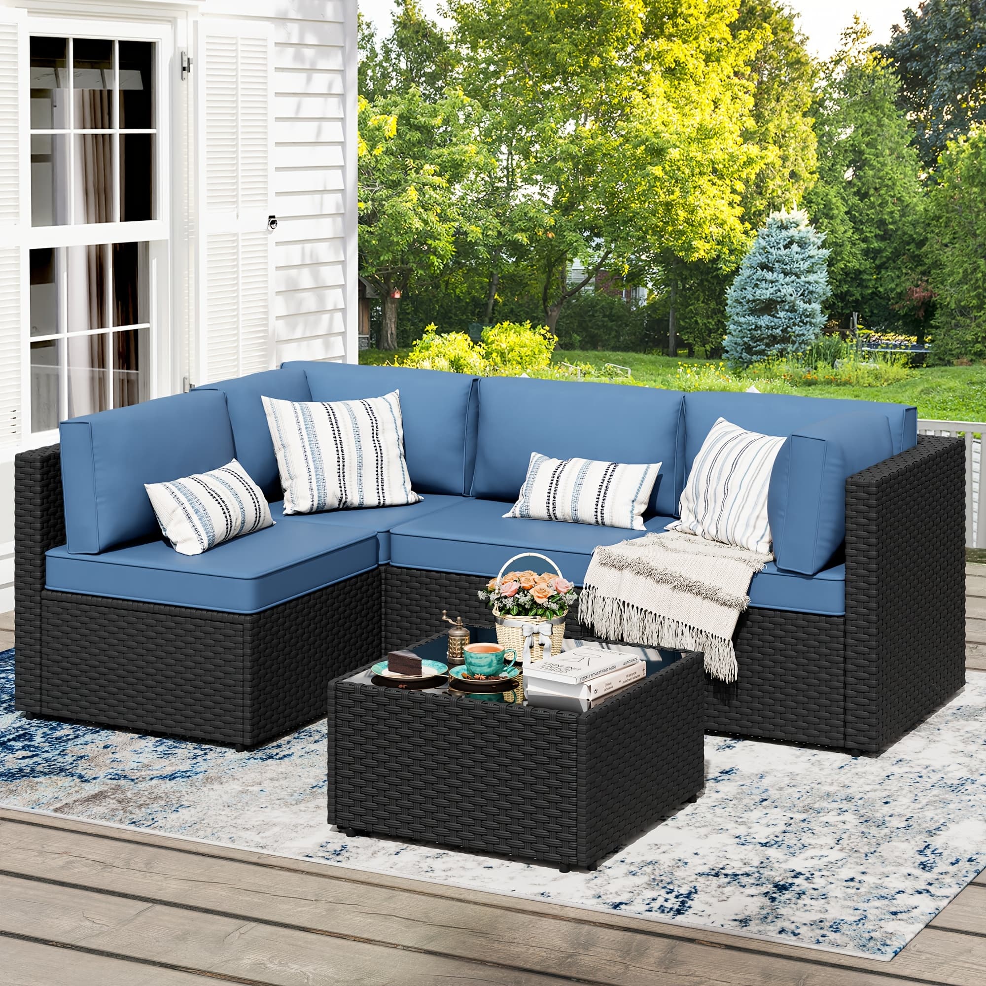 TEMU Jamfly 5pcs Outdoor Patio Sectional Sofa Set Pe Rattan Wicker Terrace Furniture With Thick Cushions & Tempered Glass Table For Garden Porch Deck