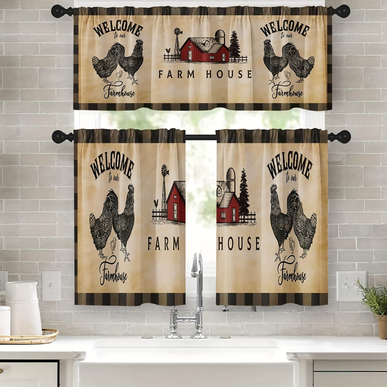 TEMU 3pcs Rooster Kitchen Curtains Farmhouse Window Curtains Valance And Tier Set 36 Inch, Vintage Chicken Rod Pocket Short Tier Curtain For Bedroom Living Room, Rustic Small Cafe Kitchen Decor