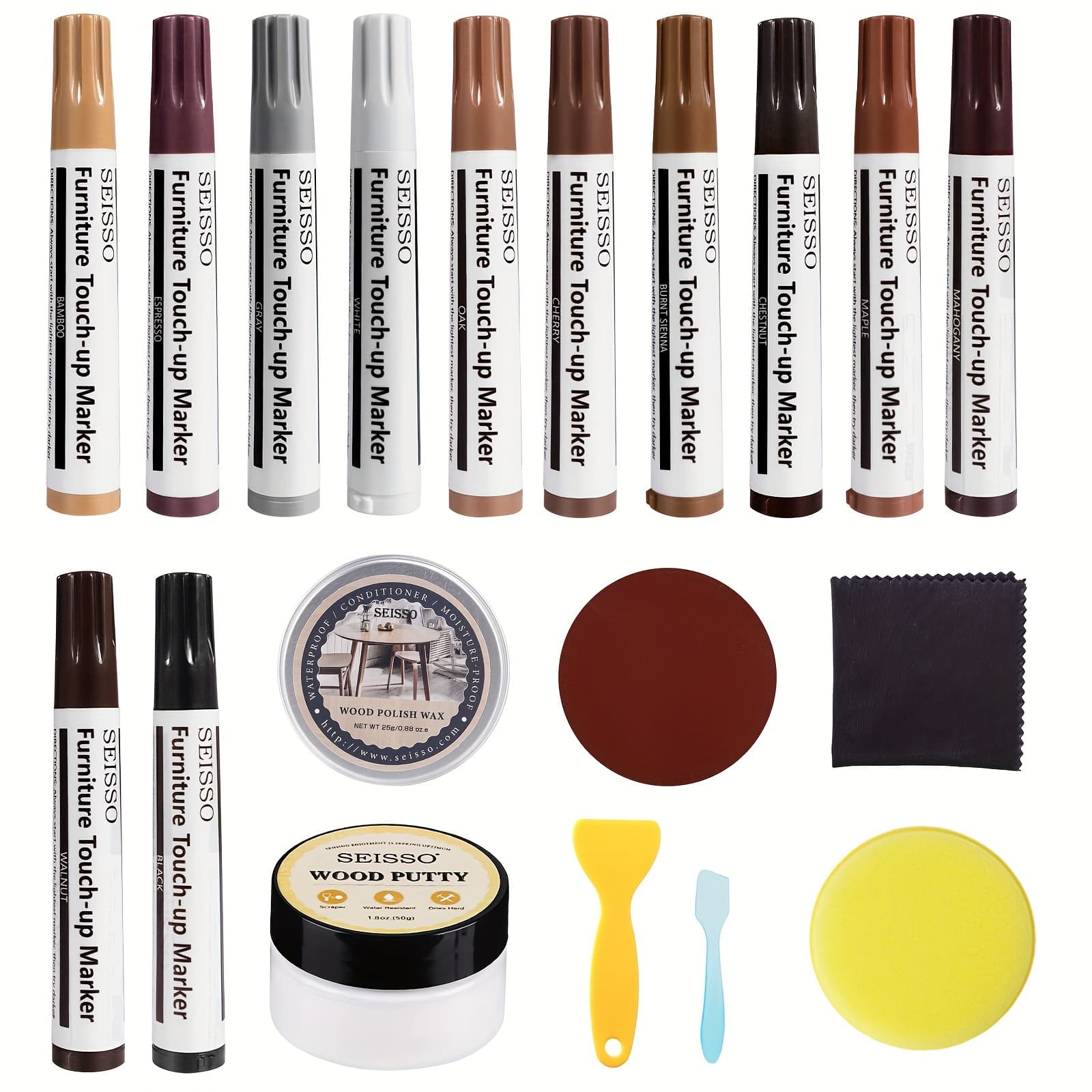 TEMU Seisso 12 Colors Furniture Pens, Markers, 19pcs Scratch Repair Tools Kit With Polish Wax, Wood Putty, For , Holes, Stains, Floors, Tables, Cabinets