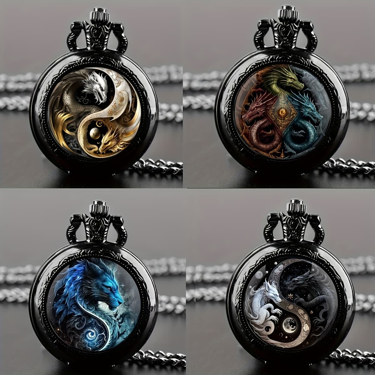 TEMU Set Of 4 Vintage Dragon Design Pocket Watches, Elegant Quartz , Perfect For Birthday And Holiday Presents And