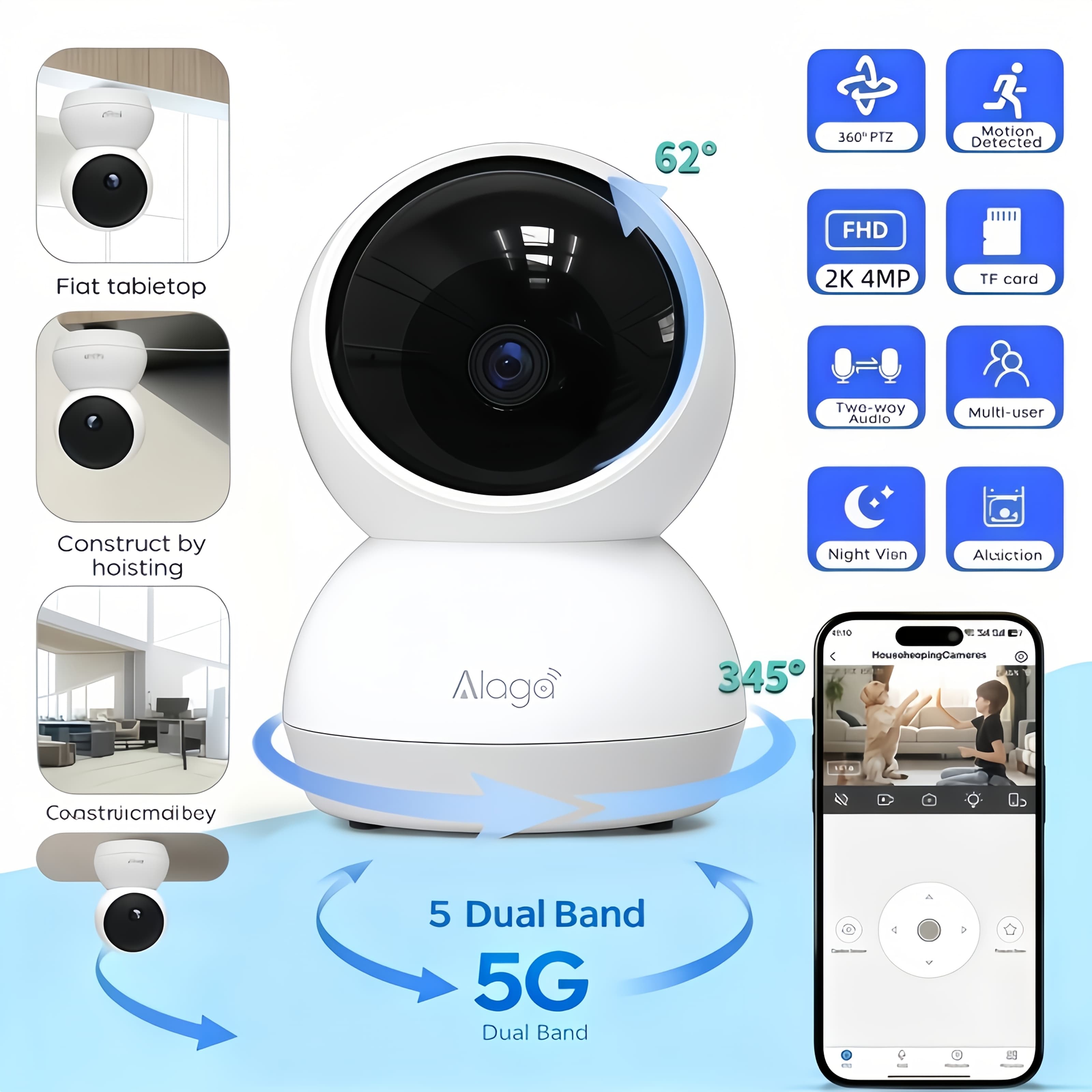 TEMU Alaga 2k 4mp 360° Panoramic View 5g/2.4g Wifi Home Security Camera, Abs Resin, Detection, Real-time Audio, Night Vision Indoor Camera For Office Video Surveillance