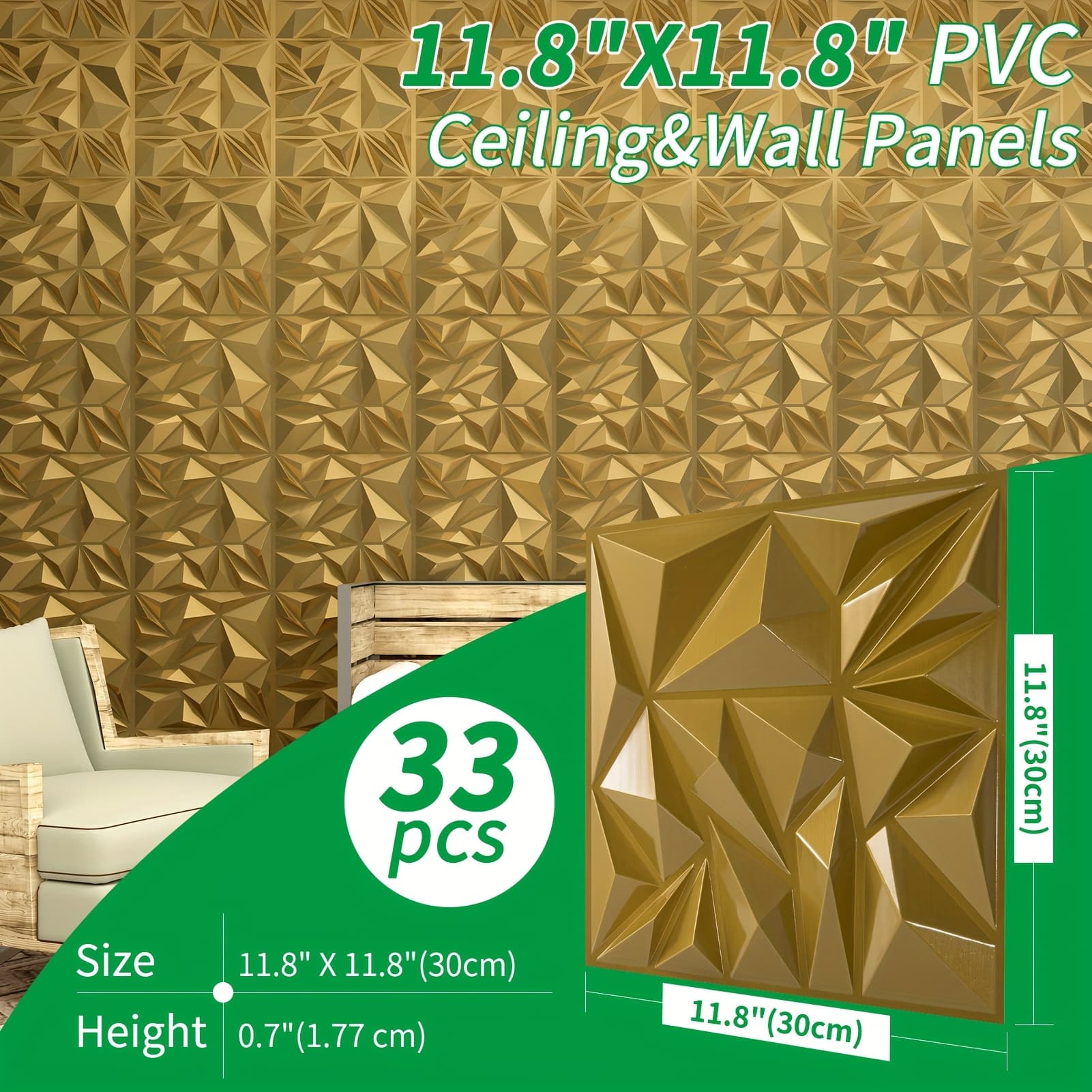 TEMU Pvc Laminated Sheets-11.8" X 11.8" X 0.7" Each Piece, About 32 . Suit For Wall Decor Home Decor, Golden White Diamond Cut Design
