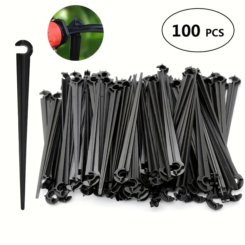 TEMU 100pcs Plastic Drip Irrigation Stakes With C-clips, Suitable For 4/7mm Tubing, Greenhouse And Potted Watering Systems
