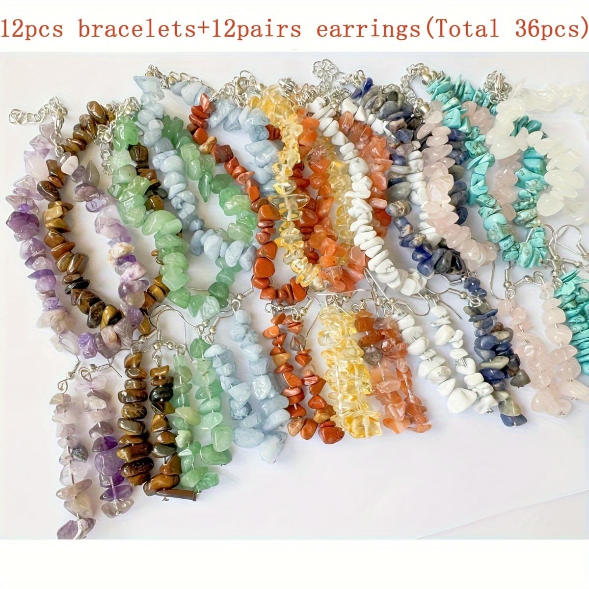 TEMU 36pcs (12strand Bracelet+12pairs Earrings Set) Handmade Natural Stone Bracelet With Earrings For Women And Men For Birthday Party And Gifts Irregular Design For Halloween Christmas Gift