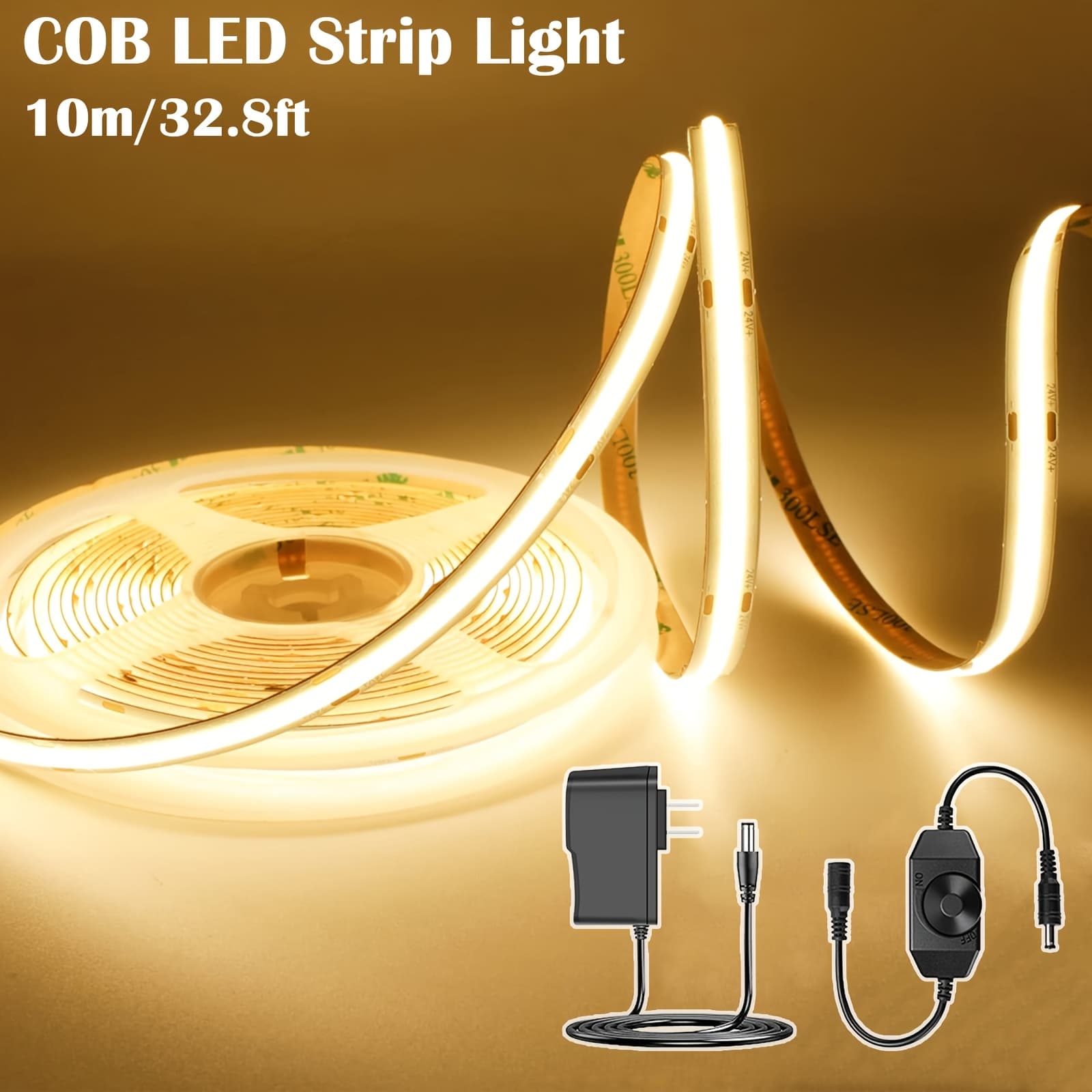 TEMU Cob Led Strip, White/warm White Led Strip Lights 32.8ft/10m, Cob Led Light Dimmable Led Strip, Cri92+, 8mm Width, 24v Flexible Cob Led Tape Light For Tv, Bedroom, Kitchen Cabinet, Closet, Home.