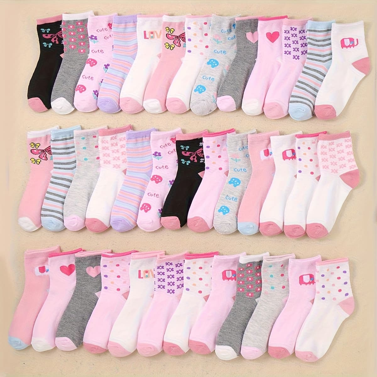 TEMU 10-pair Girls' Autumn/winter Cartoon And Heart Pattern Mid-calf Casual Socks