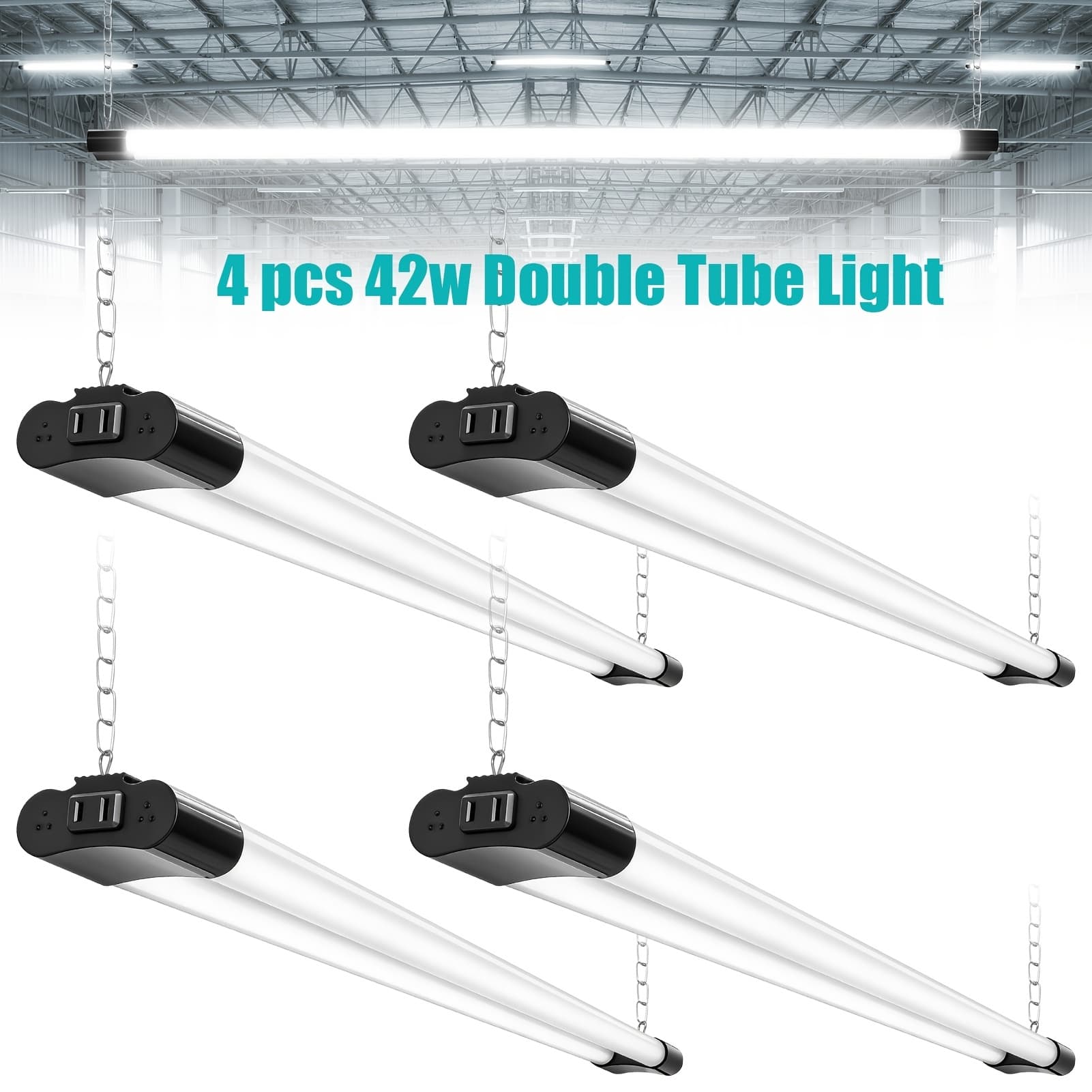 TEMU 2/4pack 42w Double Tube Light Fixture Led Shop Light For Garage Or Shop 6500k 5000lm T8 For Double-ended Connections