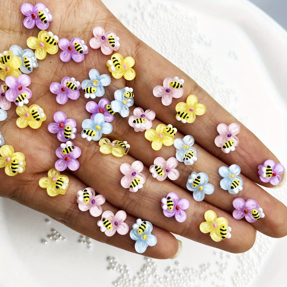 TEMU 100pcs Mixed Cartoon Bees And Flowers Nail Art Decorations, 3d Cute Bee And Transparent Mini Nail Charms, Unscented Flatback Accessories For Diy Manicure