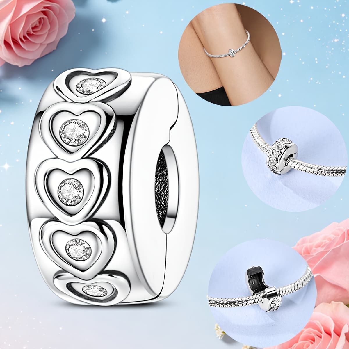 TEMU 1pc Plated White K Original Embossed Love Heart Fixing Clip Charm Beads Suitable For Snake Pattern Diy Making Supplies Romantic Jewellery Gifts For Women