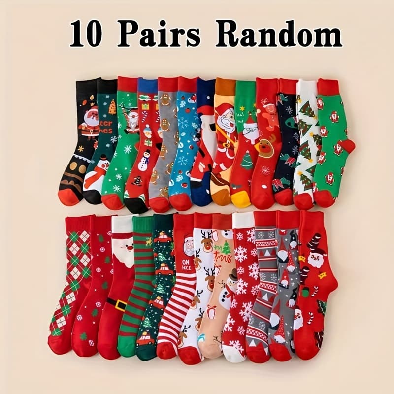 TEMU Random 10 Pairs Christmas Cartoon Santa Claus Pattern Fashion Trendy Casual Men Women Same Style Mid-calf Socks