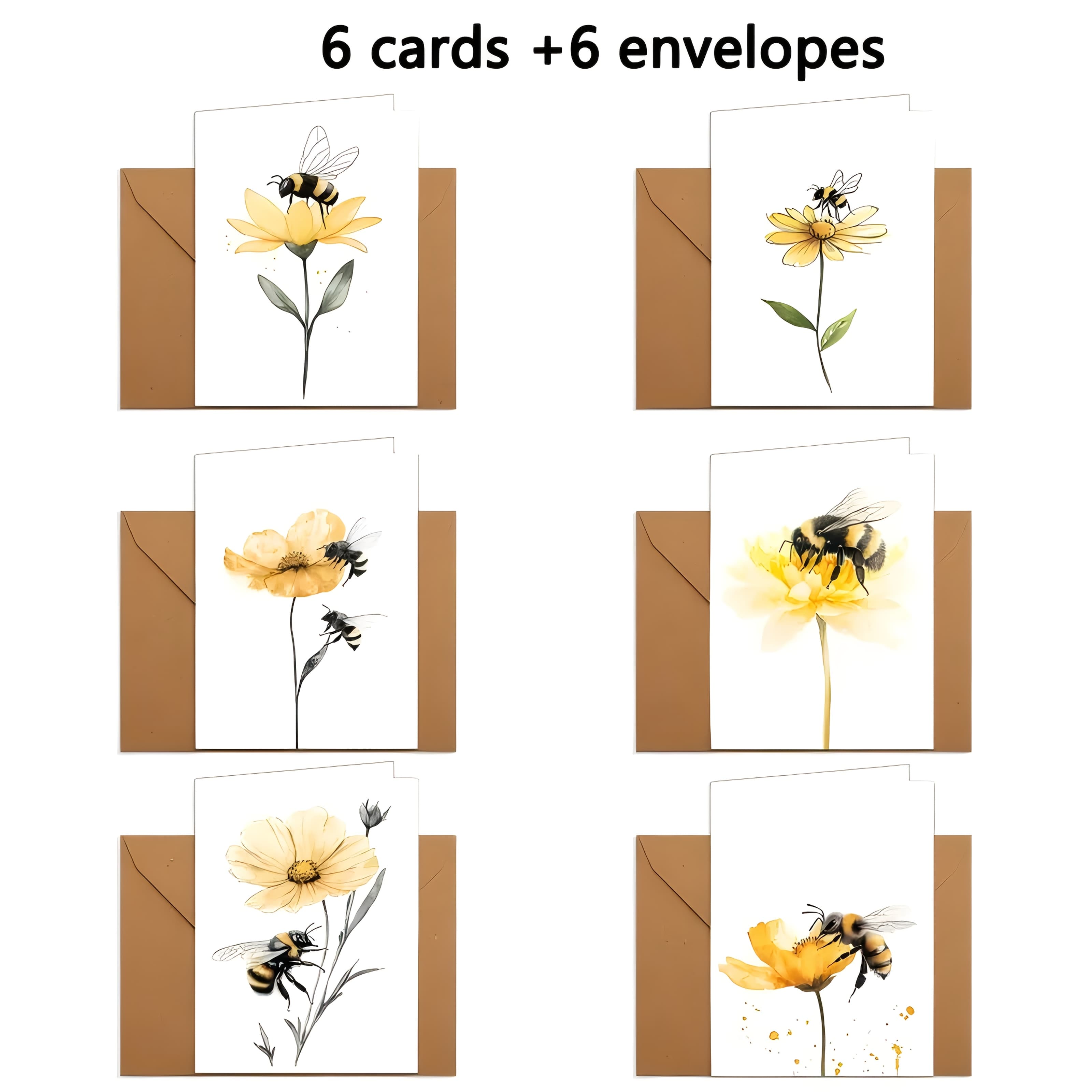 TEMU 12pcs Watercolor Hand-painted Bee Greeting Cards With Envelopes, Yellow Floral Design, , Thank You, Message Cards, Suitable For Any Occasion, Gift For | 3d Display | Wholesale Set