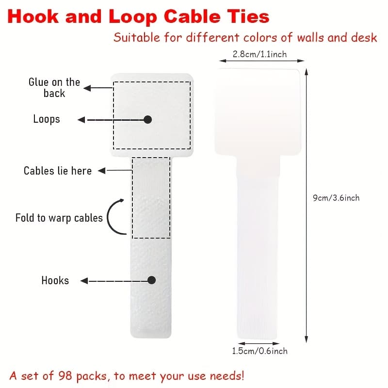 TEMU 98pcs Hook And Loop Cable Ties, Under Desk Cable Management, Adhesive Cable Clips, Sticky-back For Desk, Household & Office Organization (white)