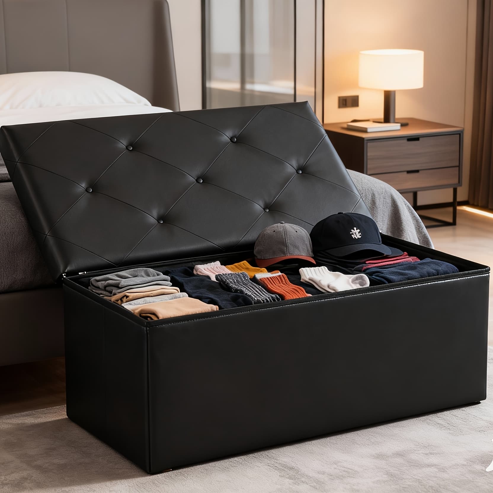 TEMU Multi-functional Ottoman With Storage Bench | Folding Foot Rest Stool, Space-saving, Load 660 Lbs, Upholstered, , Hardwood, Olixis For Living Room, Bedroom, Office, Dorm