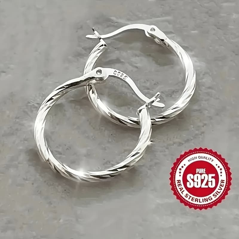 TEMU 1pair S925 Sterling Silver Minimalist Geometric Kink Round Hoop Earrings - Womenjewelry - , Hypoallergenic, Nickel-free, Durable, And Accessory For Everyday Wear