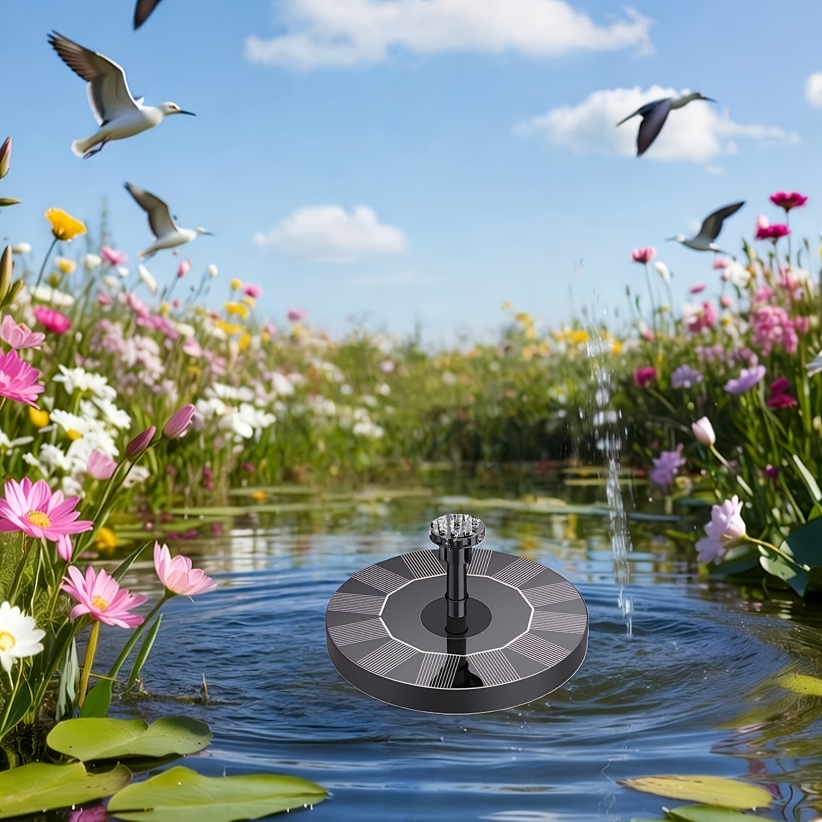 TEMU Ipx8 Rated Solar Fountain Pump - Comes With Extra-large Bird Bath Tub/chain/nozzle, Suitable For Bird Bathing Pools, Gardens, , And Solar Outdoor Fountains. And