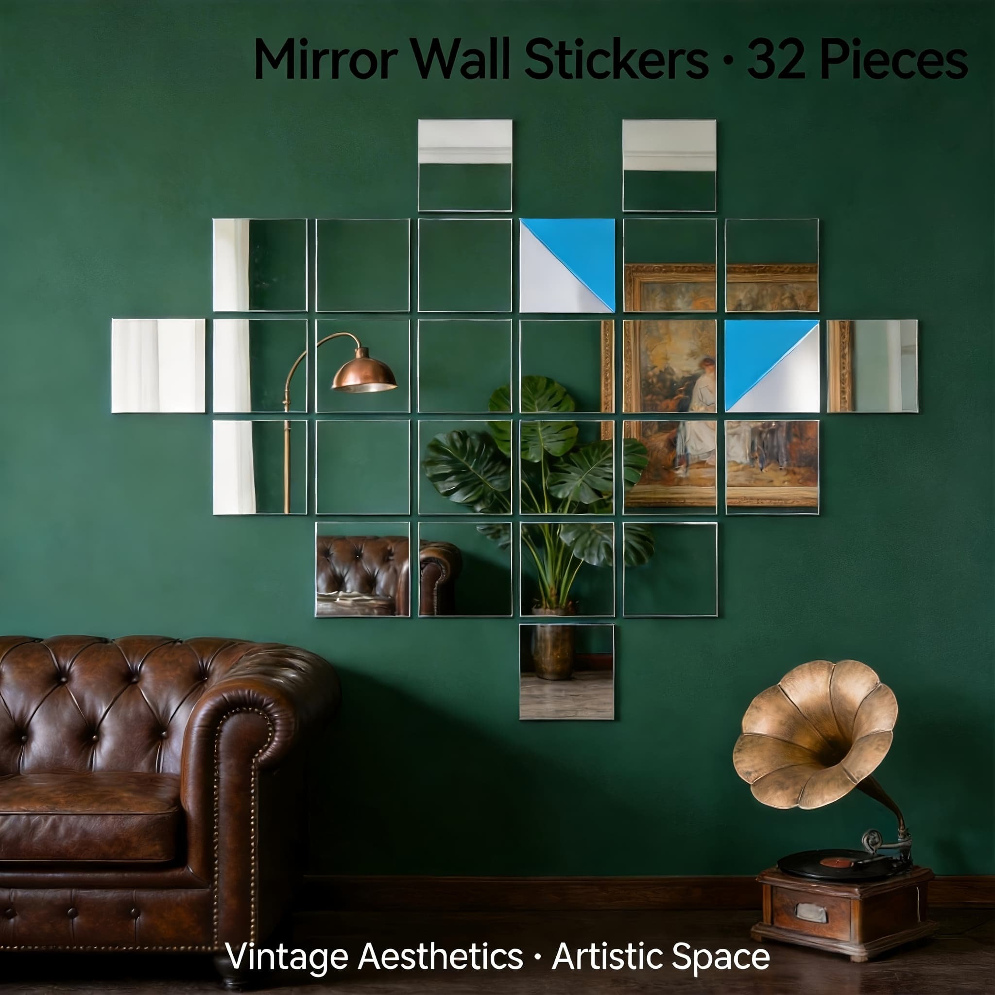 TEMU 32pcs 15x15cm 3d Mirror Wall Stickers, Self-adhesive Silvery Reflective Mosaic Tiles, Peel And Stick Home Decor For Living Room, Bedroom, Office