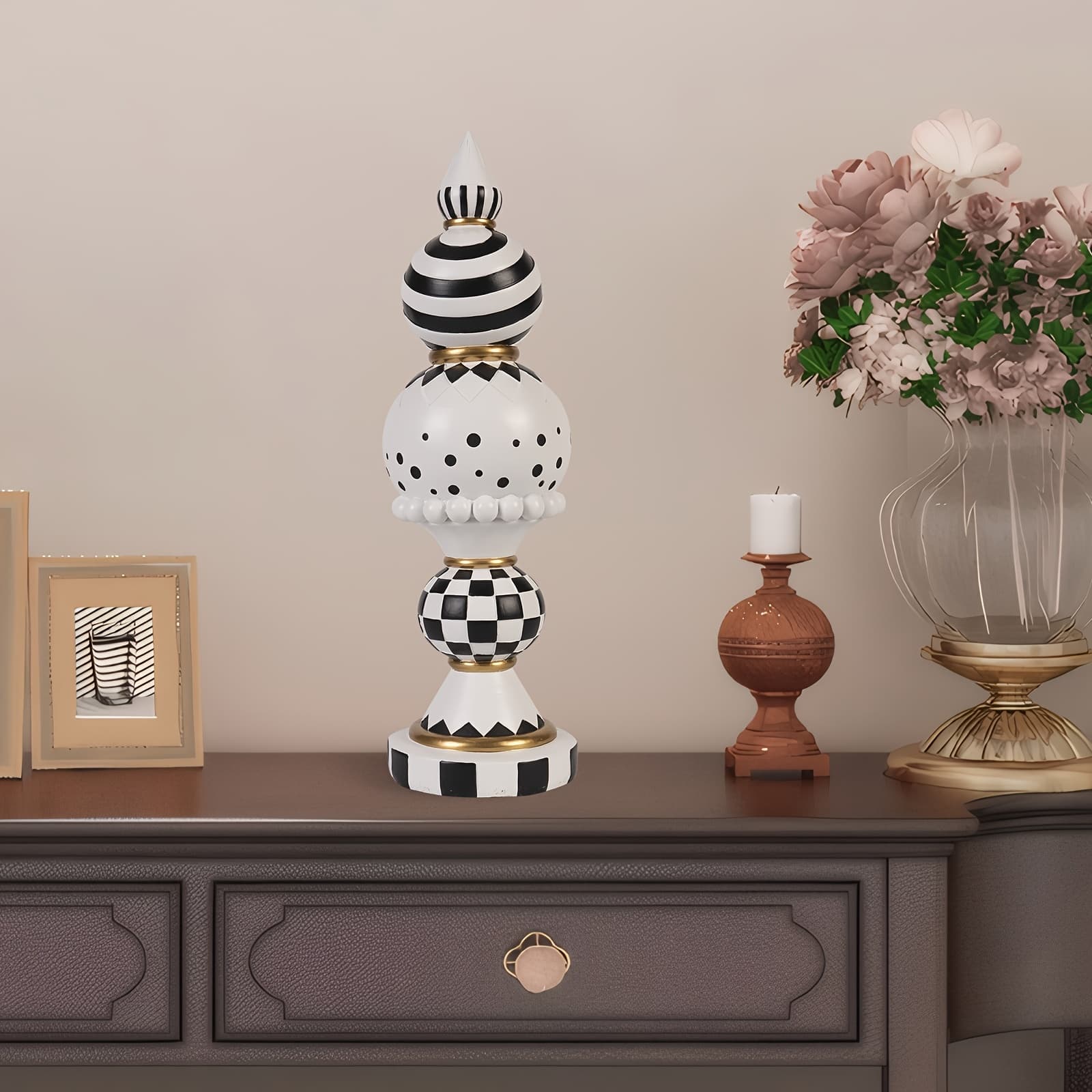 TEMU Black And White Checkered Decor, 15 Inch Large Resin Halloween Christmas Modern Sculpture, Holiday Indoor Table Centerpiece Mantel Office Desk Shelf For Home