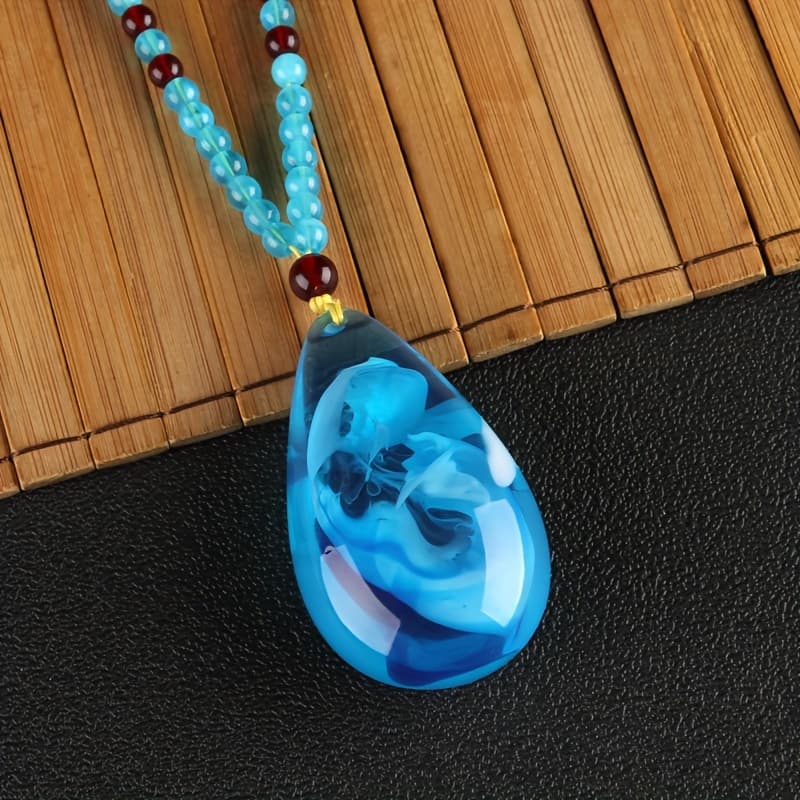 TEMU Vintage Bohemian Style Resin Water Drop, Blue Water Drop Pendant Translucent Fossil Necklace, Men's And Women's Fashion Temperament Additions, Daily Wear And Banquet, Creative Gift