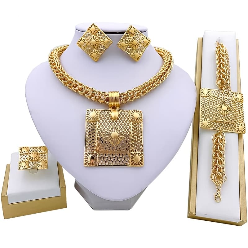TEMU Middle Eastern Women's Jewelry Set: Necklace, Earrings, Ring, And Bracelet For Wedding Accessories