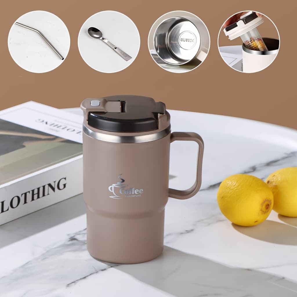 TEMU Reusable Coffee Mugs Made Of Stainless Steel, Featuring A Lid, Spoon, Straw, Handle, And Tea Filter, Designed For Insulated Travel