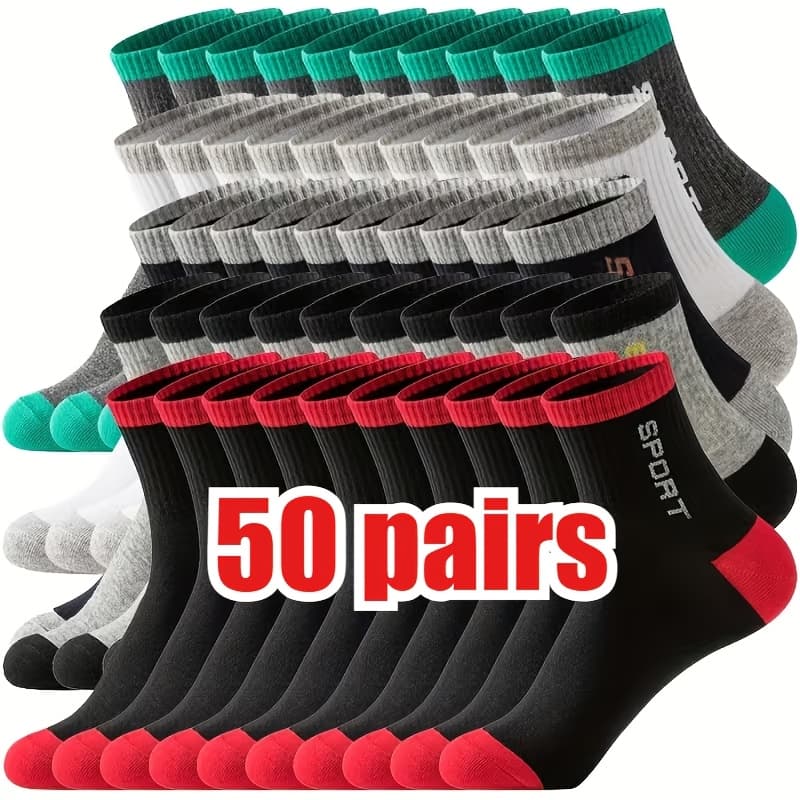 TEMU 50 Pairs Of Socks, Men's And Women's Mid Length Socks, Breathable And Sweat Absorbing, Trendy Sports Long Socks