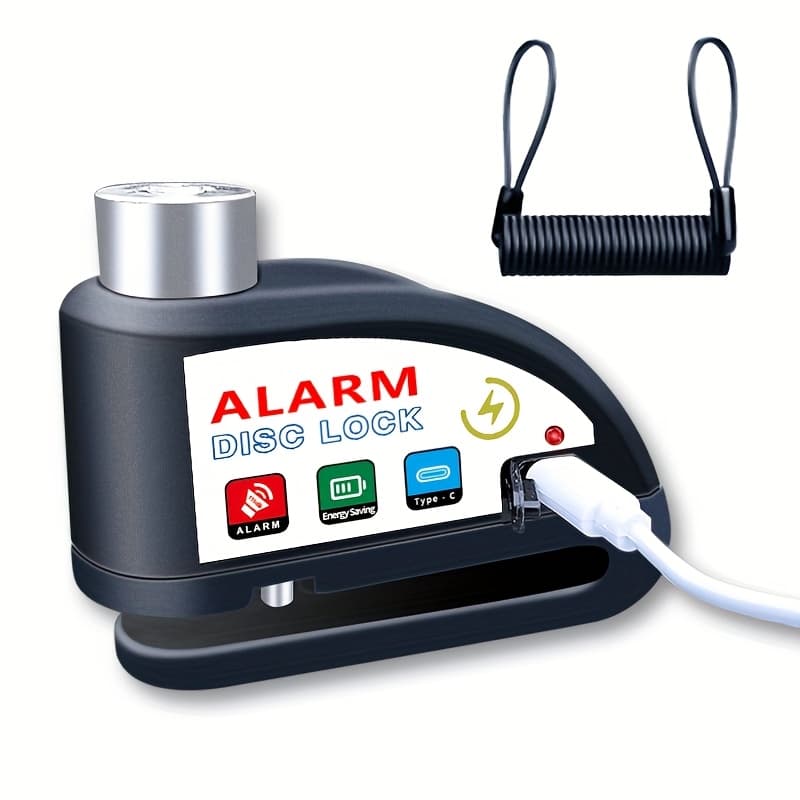 TEMU Motorcycle Lock Bicycle Lock Anti-theft Lock Disc Brake Lock Dirt Bike Lock 110db Alarm System 500mah Battery Usb Charging Complimentary Cable Reminder Rope