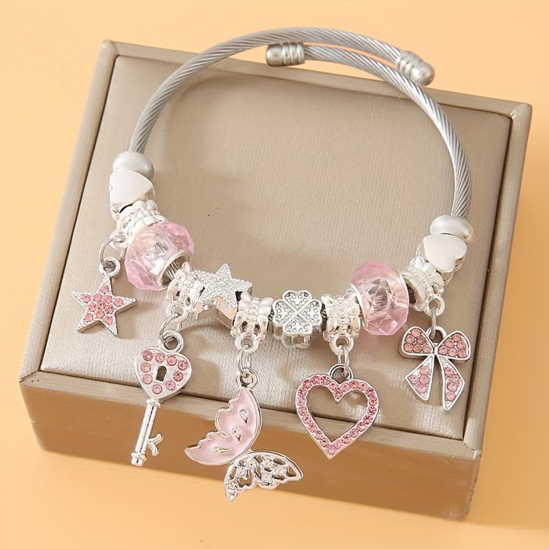 TEMU Vintage Minimalist Style Women' Steel Adjustable Bracelet With Pendant, , Festival, Heart-shaped Pendant, , Affordable Price, Suitable For Daily Use, Parties, Couples, Anniversaries,