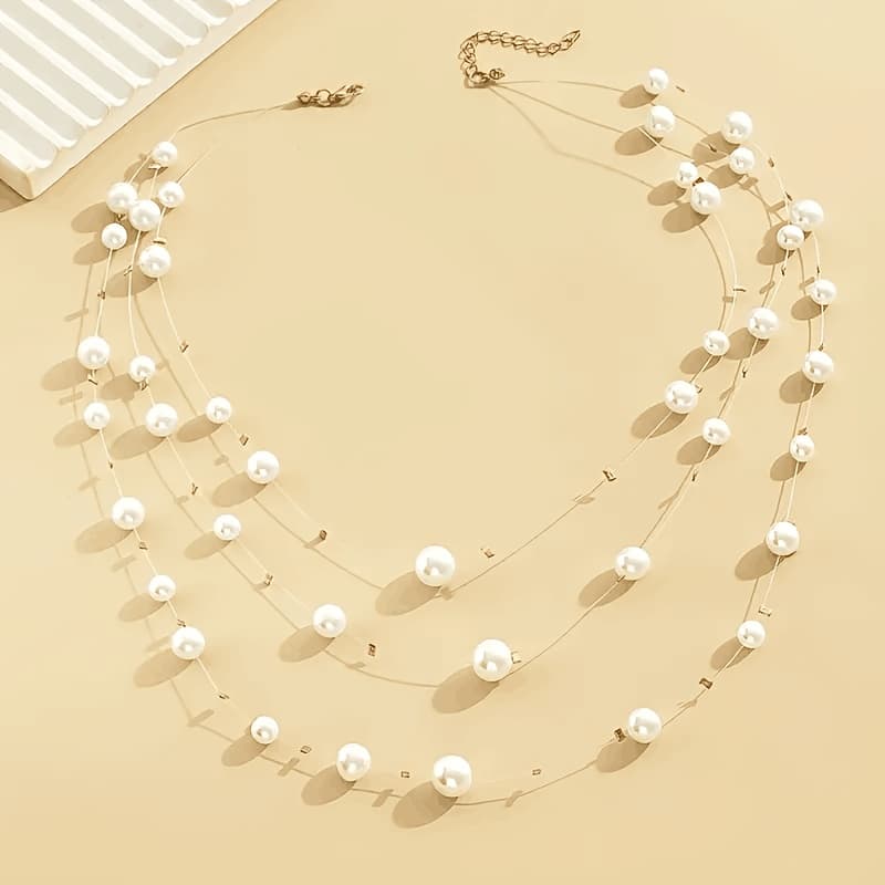 TEMU 3-layer Fashionable Versatile Pearl Necklace Accessory For Parties