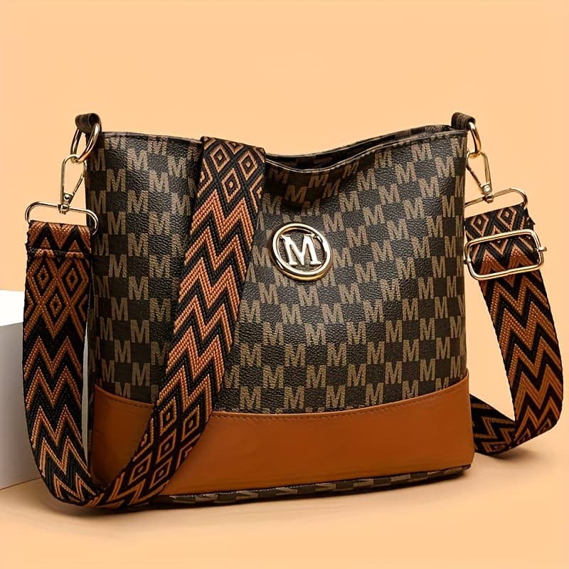 TEMU 2 Colors From, Brown, Beige, 2025 New Women's Fashion Retro Splicing Shoulder Crossbody Bag, Large Capacity Letters Wide Weave Shoulder Strap, Suitable For Work, Shopping And Dining, Etc., Gift