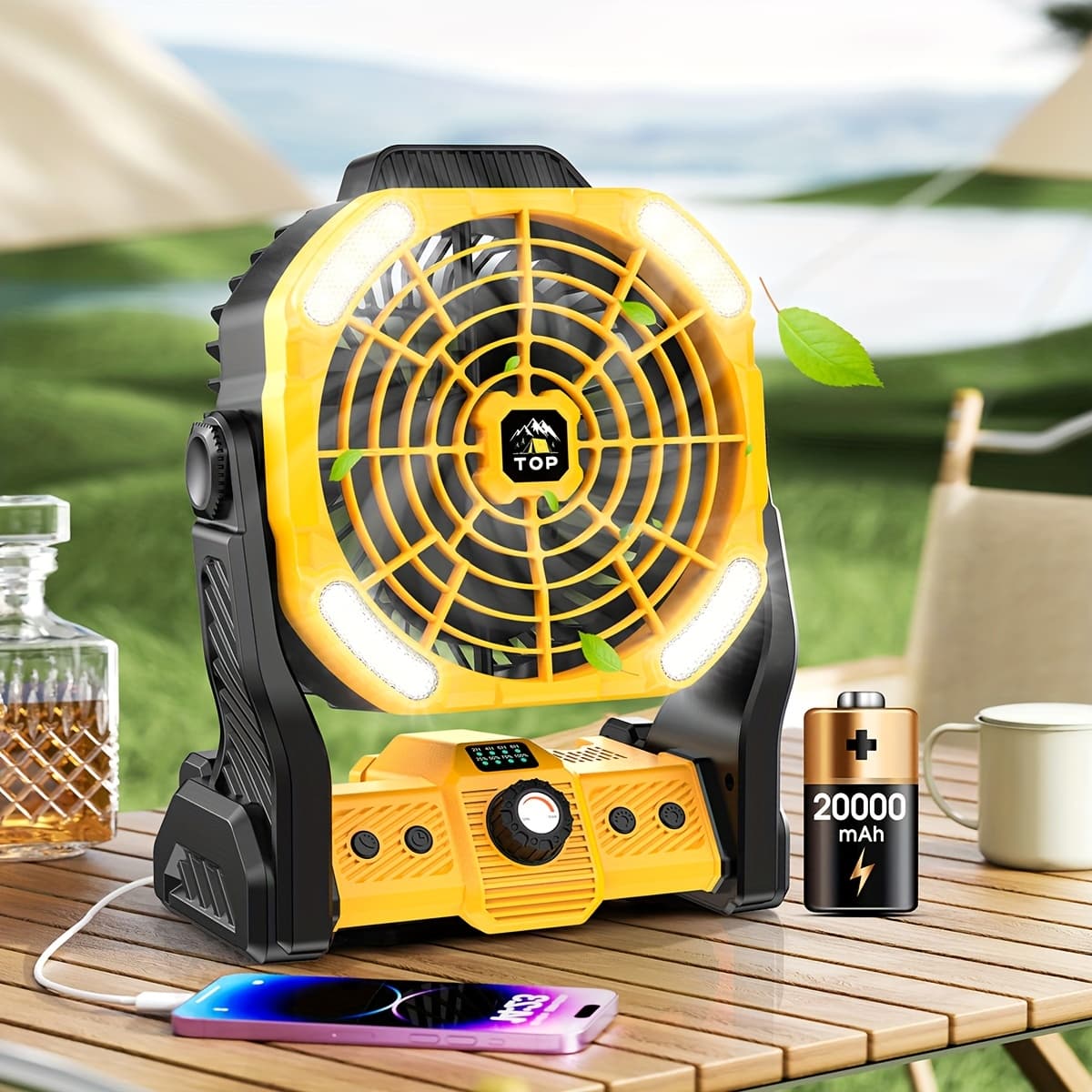 TEMU 20000mah Battery Powered Camping Fan Dual Motors And 4 Led Lights, Portable Outdoor Fan With Tent Hook, Suitable For Power Outages And Construction Sites