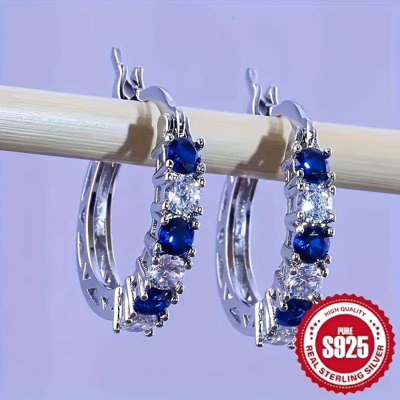 TEMU A Pair Of Beautiful S925 Sterling Silvery Hypoallergenic Circular Earrings With Colorful Synthetic Gemstones, Fashionable Round Transparent Mosaic Elegant And Sexy Party Earrings.