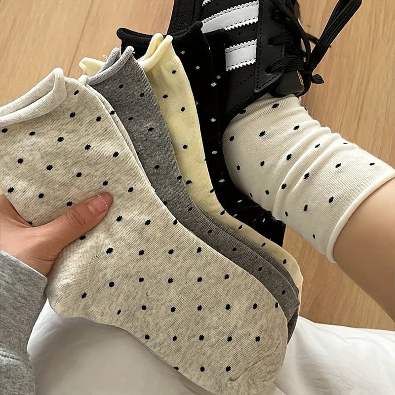 TEMU 5 Pairs Of Women's For Lotus Leaf Rolled Edge Dot Leisure Mid-calf Socks