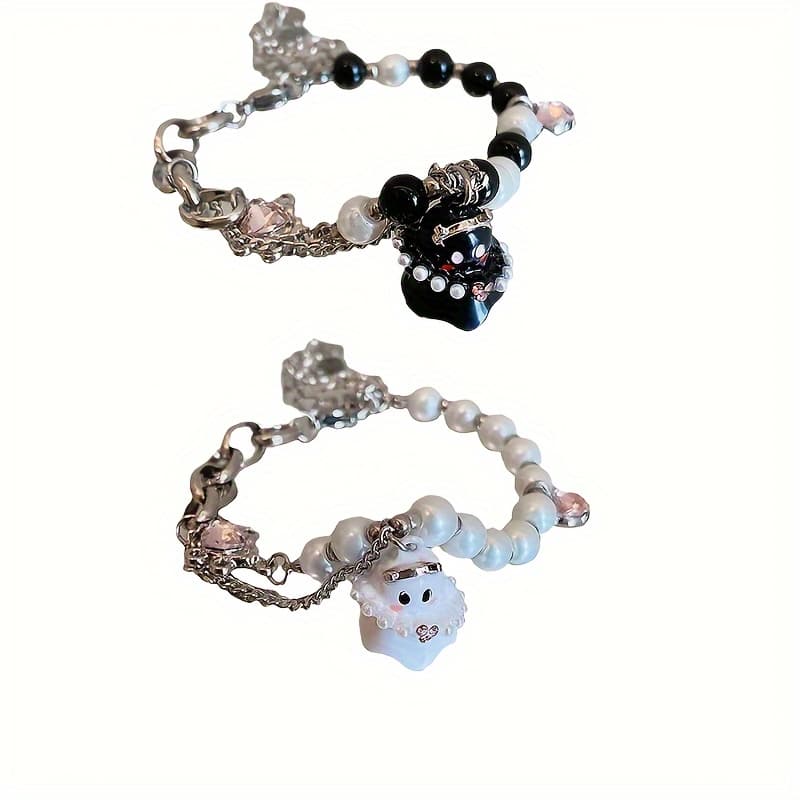 TEMU 2 Pcs Of Black And White Bracelet Set Bestie Couple Accessories Set Cold Niche High-grade Sweet Cool Bracelet