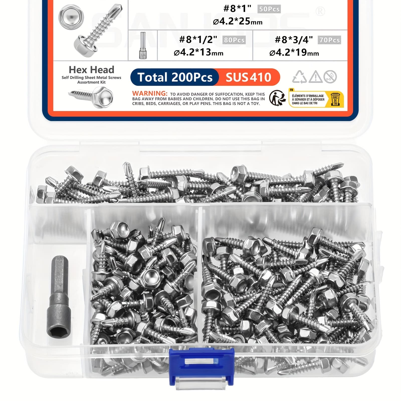 TEMU 410 Steel Tapping Tek Kit | Hex Washer | 200pcs #8 | 3-length (1/2", 3/4", 1") Free Hex Bit
