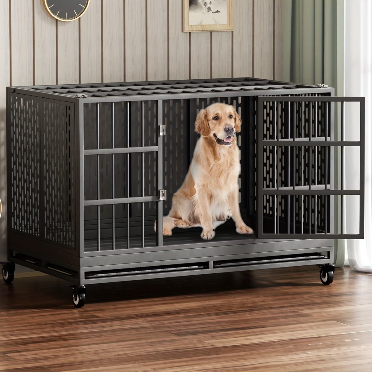 TEMU Snuowu 48 Inch Heavy Duty Dog Crate With Wheels And Lift Rod, Folding Metal Big Dog Cage For Large Dogs, Extra For Large Xl Xxl Indestructible Dog Crate With Removable Tray