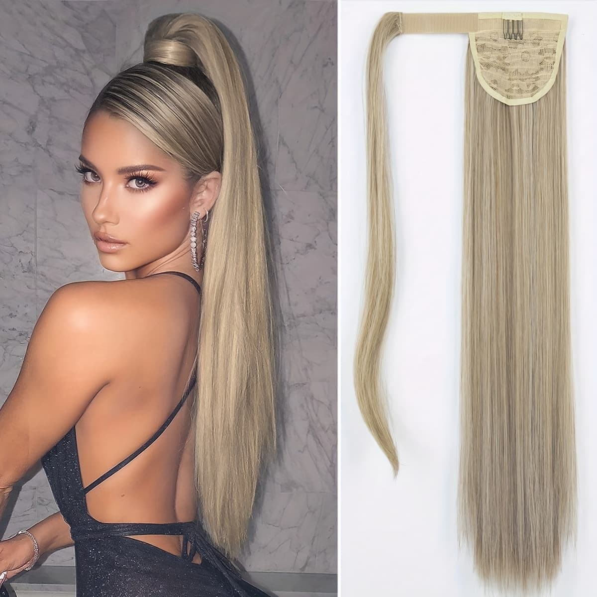 TEMU Claw Ponytail Extension 24-26 Inch Water Wave Wavy Curly Clip In Hair Extensions Soft Synthetic Hairpiece For Women Blonde Color