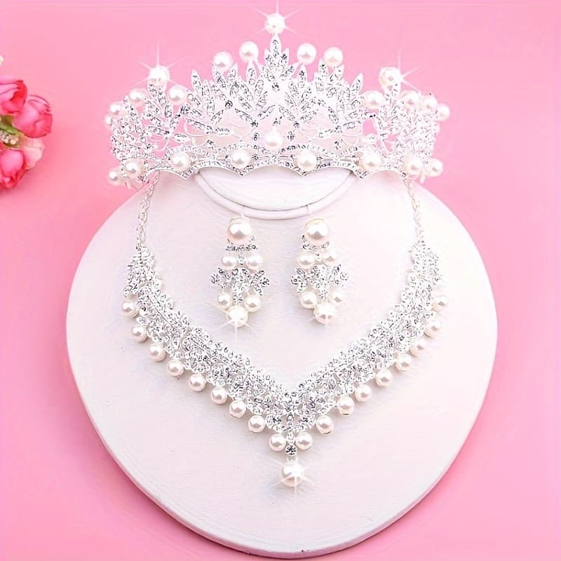TEMU Bride Wedding Accessories Wedding Necklace Beads Crown Necklace Earring Set Wedding Accessories High End And Atmosphere Dinner Banquet Birthday Crown Necklace Earring Set Of 3