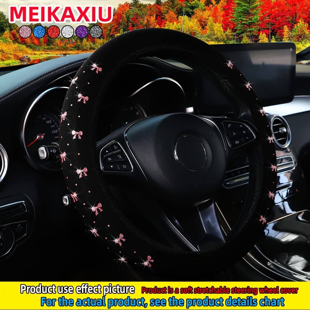 TEMU 1pc Women's Cute Bling Bling Shiny Bow Steering Wheel Cover. Made Of Stretchable Neoprene Fabric With A No Design, This Car Interior Accessory Fits -15 Inch Steering Wheels.