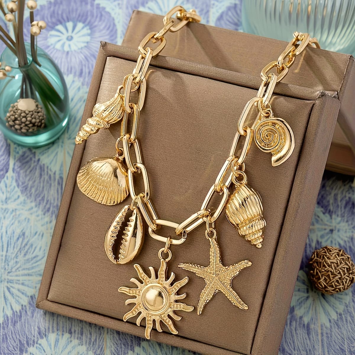 TEMU A , Mixed , Sun, Starfish, Shell, Bow, Pendant, Beach Party, Casual Daily, Versatile Temperament, Fashionable Women's Necklace, Party