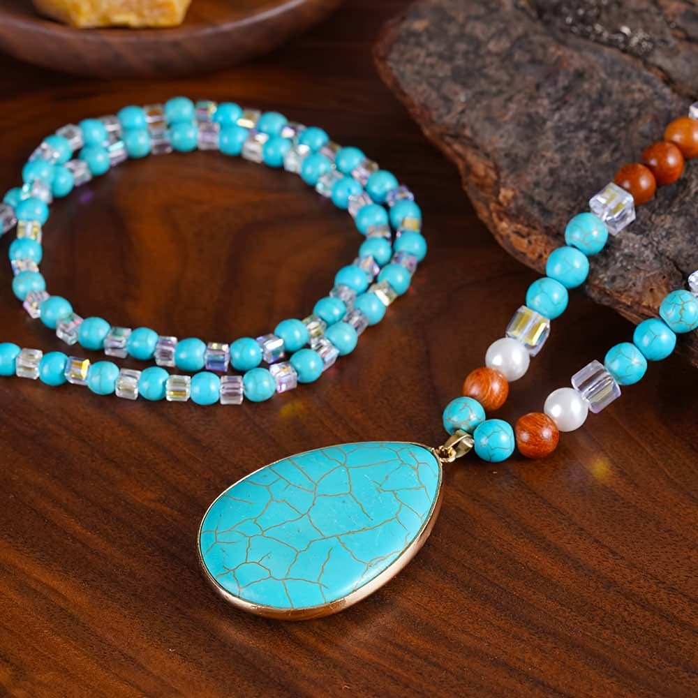 TEMU 2pcs/set Turquoise Guardian Pendant Necklace, Double-layer Natural Turquoise With Multicolor Necklace, Women' Jewelry, , Christmas, Wedding Anniversary Jewelry Gift