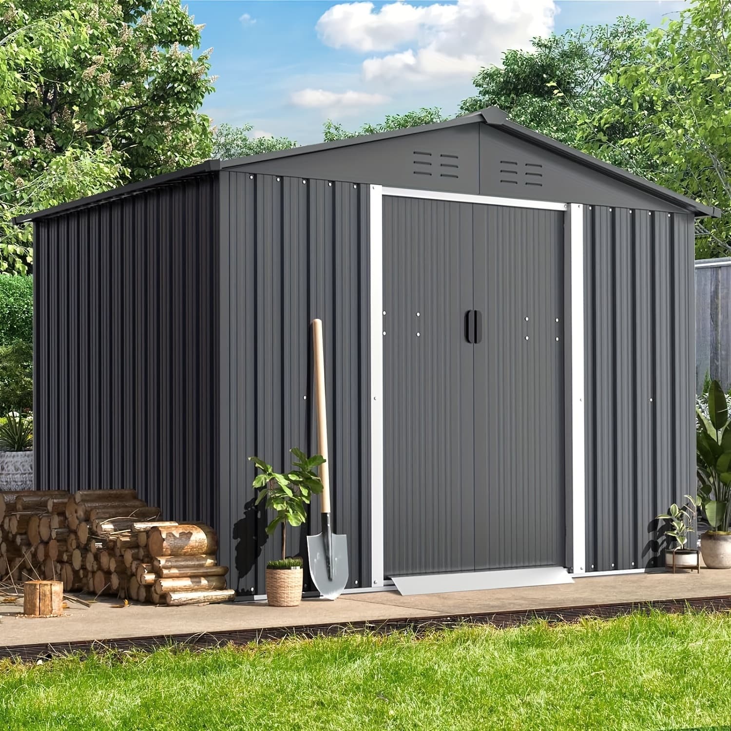 TEMU 6x8ft Outdoor Garden Storage Shed ，storage Tool ，with Sliding Door For Lawn Equipment, For Garden Backyard