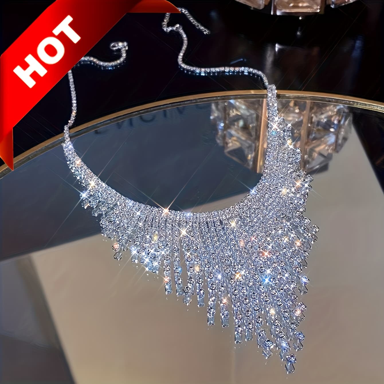 TEMU Luxurious Shiny Synthetic Zirconia Tassel Necklace Women' Accessories, Elegant Throughout The