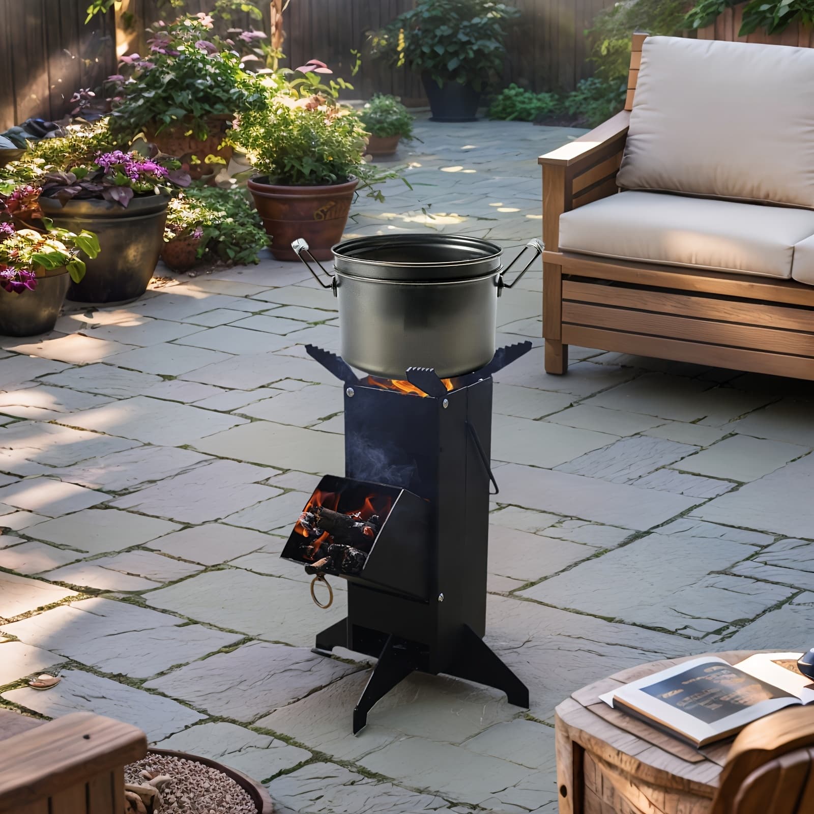 TEMU Rocket Stove With Detachable Design, Heavy Duty Wood Burning Stove For Outdoor Cooking, Heating & Bbq, Ideal For Backyard Camping And Patio Use, Father's Day Gift For Dad, For Men