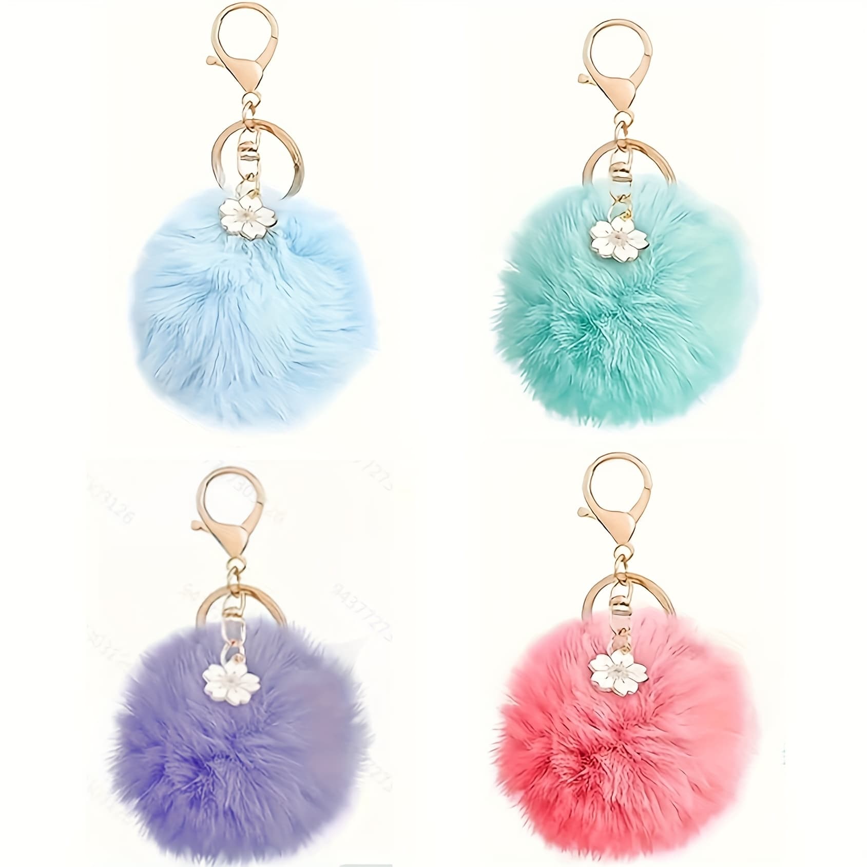 TEMU 4/2 Faux Fur Pom Pom Keychains, Featuring Floral Decorations, Perfect Accessories For Women's Handbags, Soft Keychains For Purses And Bags