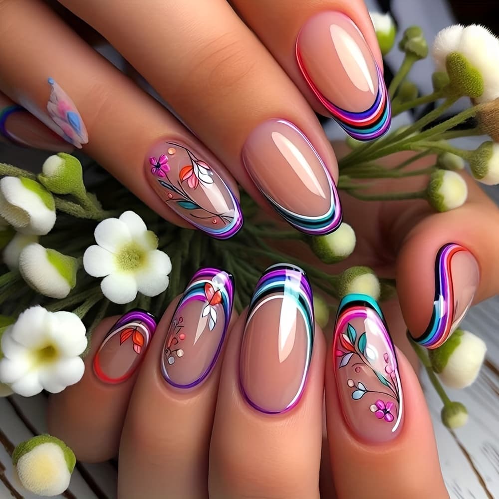 TEMU 24 Medium-sized Oval Fake Nails, French Colorful Line Flower Wear Armor Design, Glow Nail Patches Removable Fake Nails